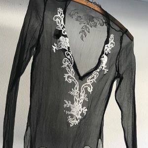 Sexy Black Silk Sheer Top & White Beading